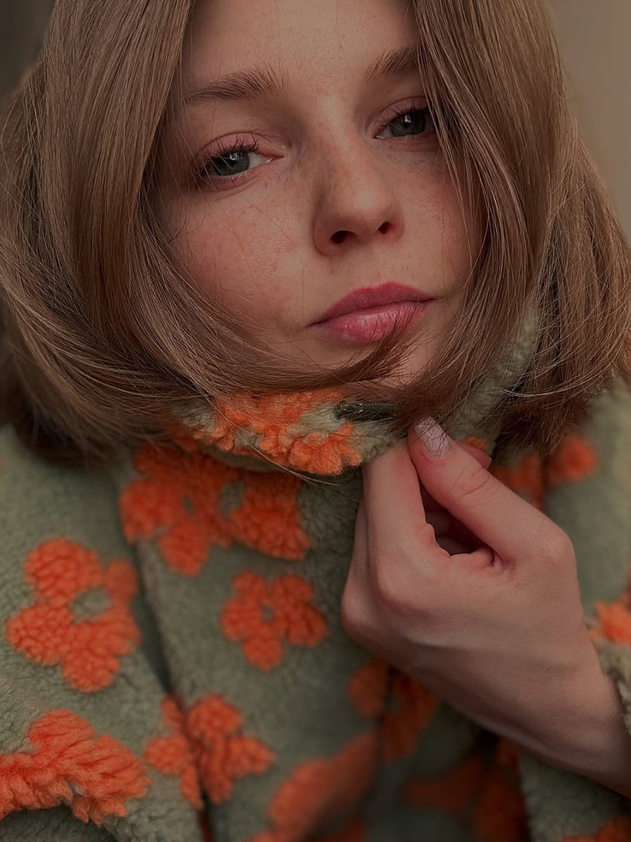 Peluş Çiçek Desenli Yarım Fermuarlı Sweatshirt