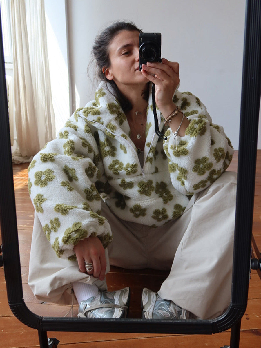 Peluş Çiçek Desenli Yarım Fermuarlı Sweatshirt