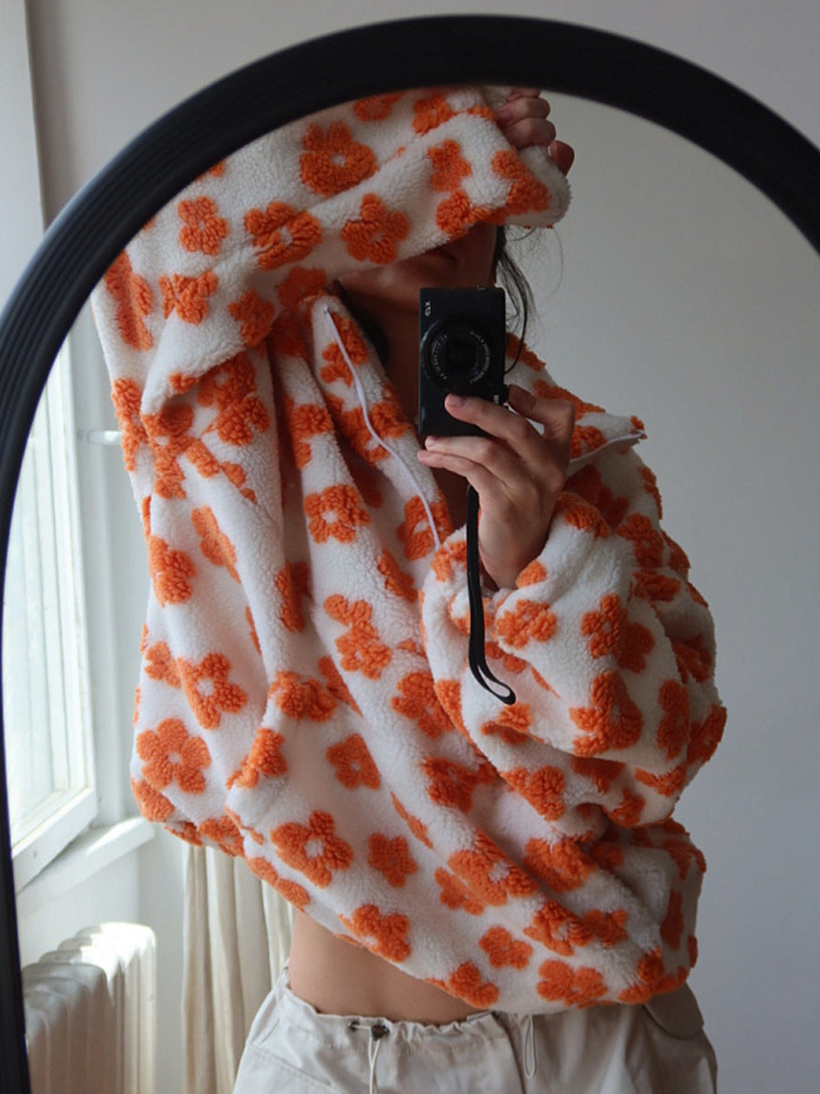 Peluş Çiçek Desenli Yarım Fermuarlı Sweatshirt