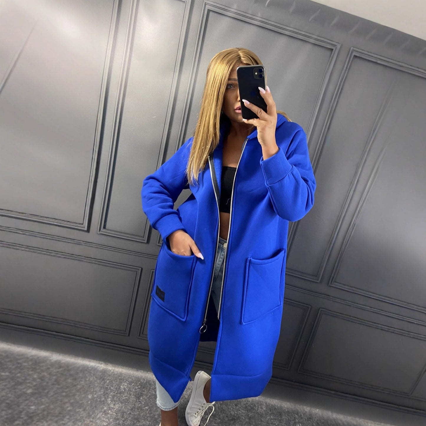 Uzun Fermuarlı Kapüşonlu Sweatshirt Ceket