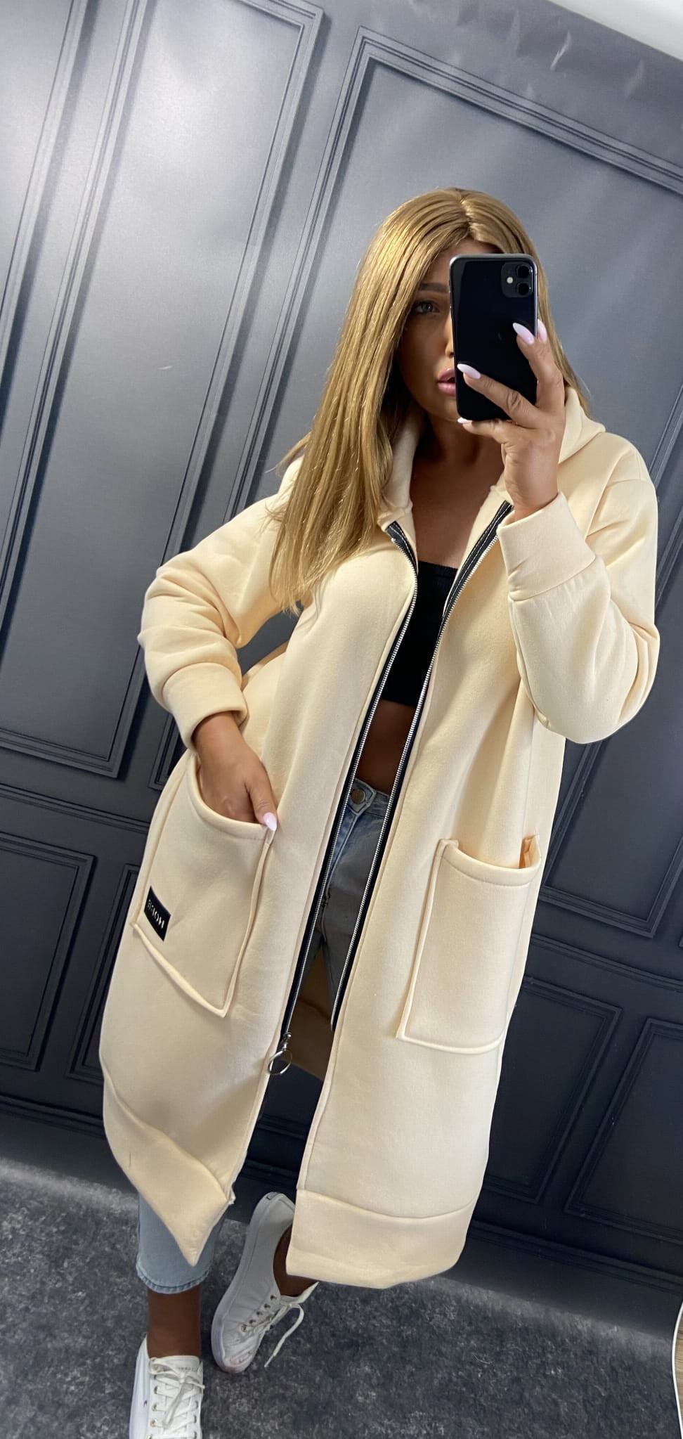 Uzun Fermuarlı Kapüşonlu Sweatshirt Ceket