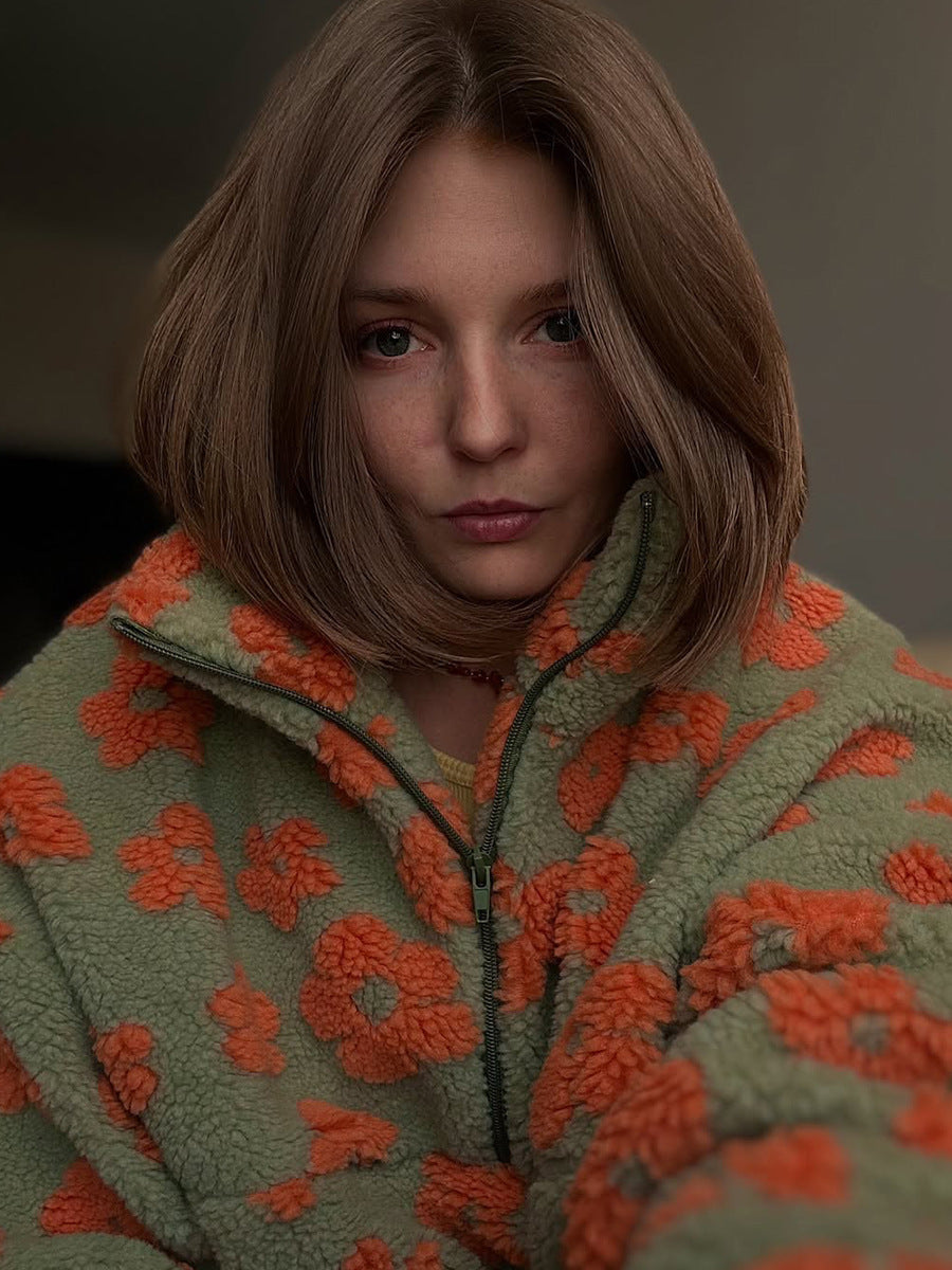 Peluş Çiçek Desenli Yarım Fermuarlı Sweatshirt