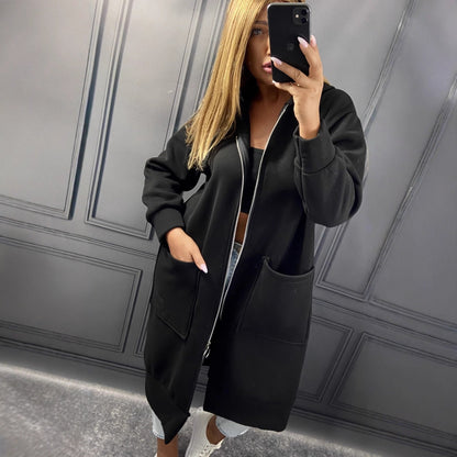 Uzun Fermuarlı Kapüşonlu Sweatshirt Ceket