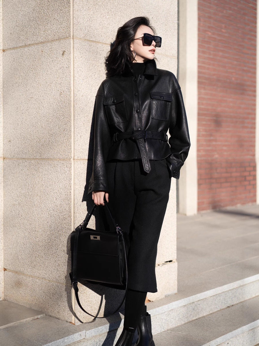 Kemer Kuşaklı Suni Deri Ceket