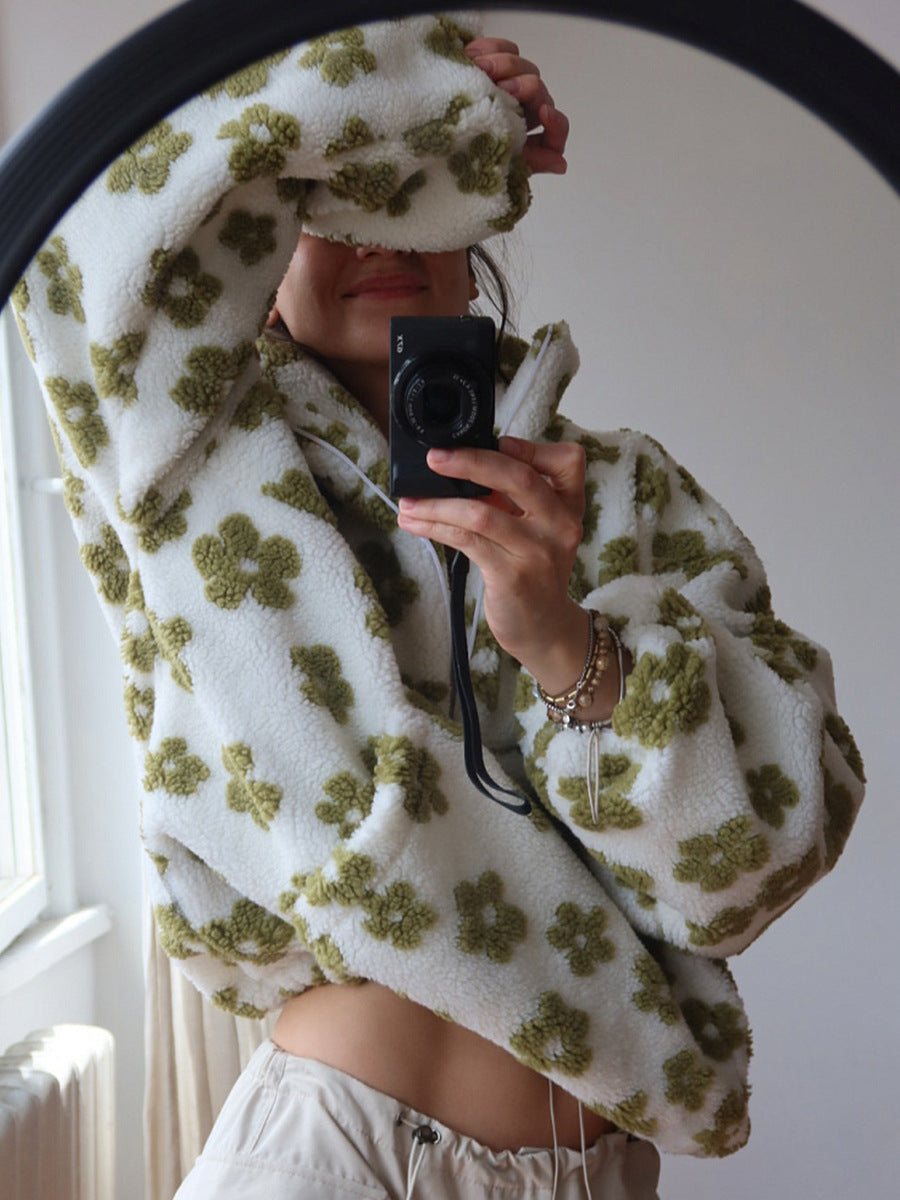 Peluş Çiçek Desenli Yarım Fermuarlı Sweatshirt