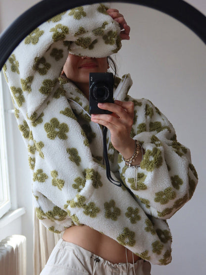 Peluş Çiçek Desenli Yarım Fermuarlı Sweatshirt