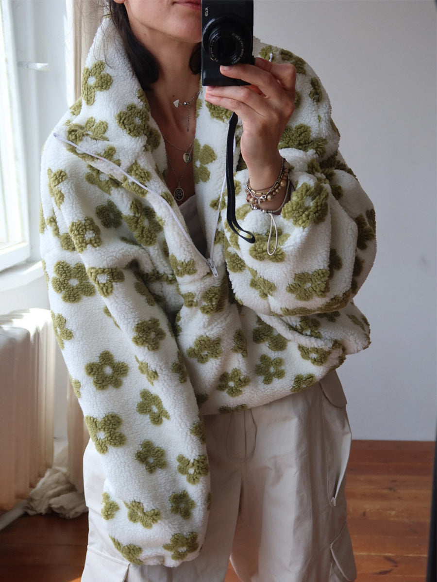 Peluş Çiçek Desenli Yarım Fermuarlı Sweatshirt