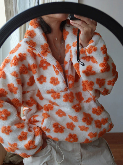 Peluş Çiçek Desenli Yarım Fermuarlı Sweatshirt