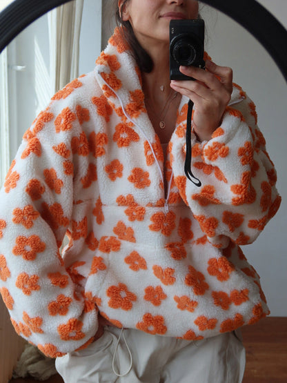 Peluş Çiçek Desenli Yarım Fermuarlı Sweatshirt