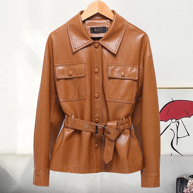 Kemer Kuşaklı Suni Deri Ceket