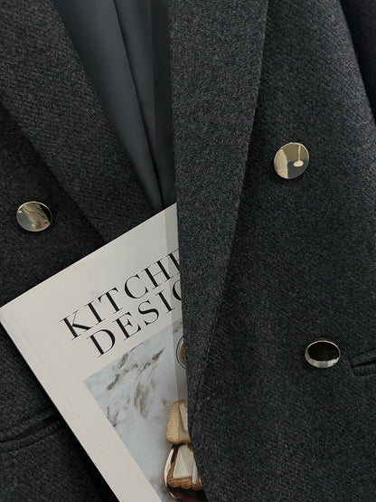 Gri Yün Dokulu Düğmeli Ceket