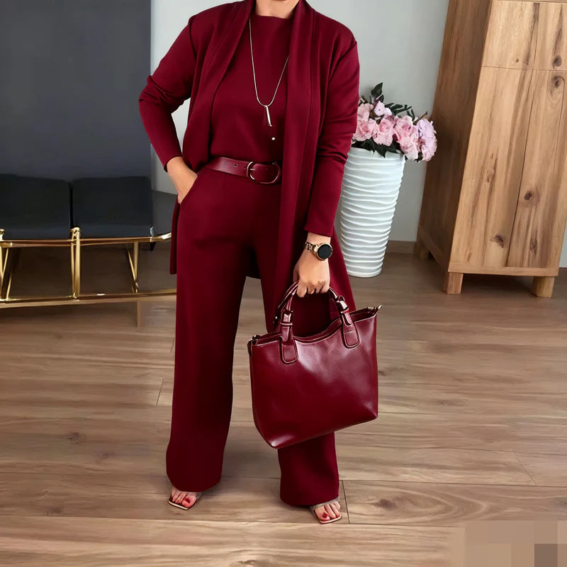 Elegant Üçlü Takım: Hırka, Bluz ve Geniş Paça Pantolon