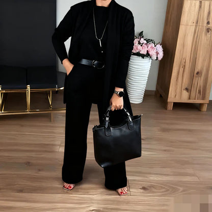Elegant Üçlü Takım: Hırka, Bluz ve Geniş Paça Pantolon