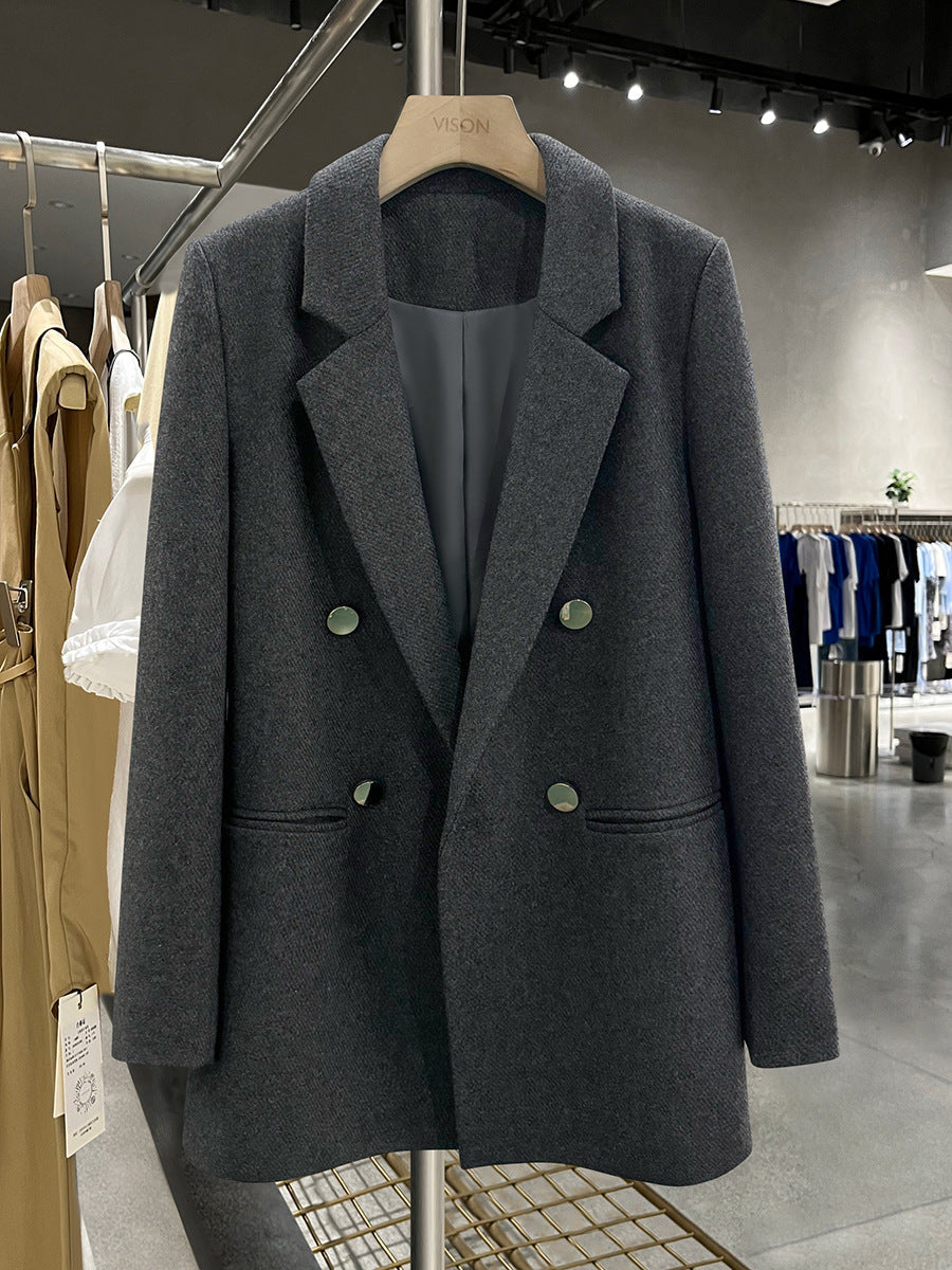 Gri Yün Dokulu Düğmeli Ceket