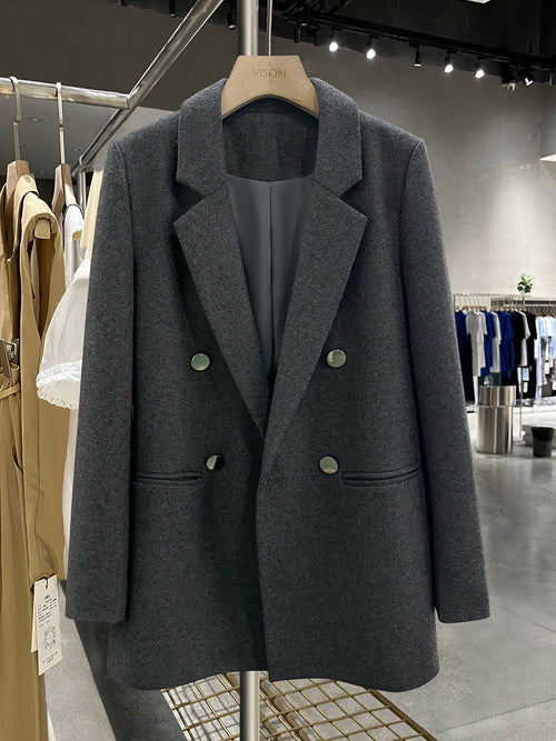 Gri Yün Dokulu Düğmeli Ceket