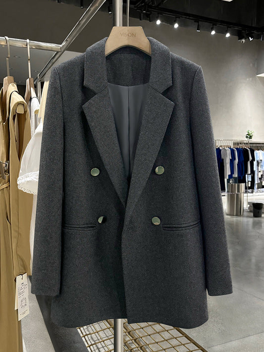 Gri Yün Dokulu Düğmeli Ceket