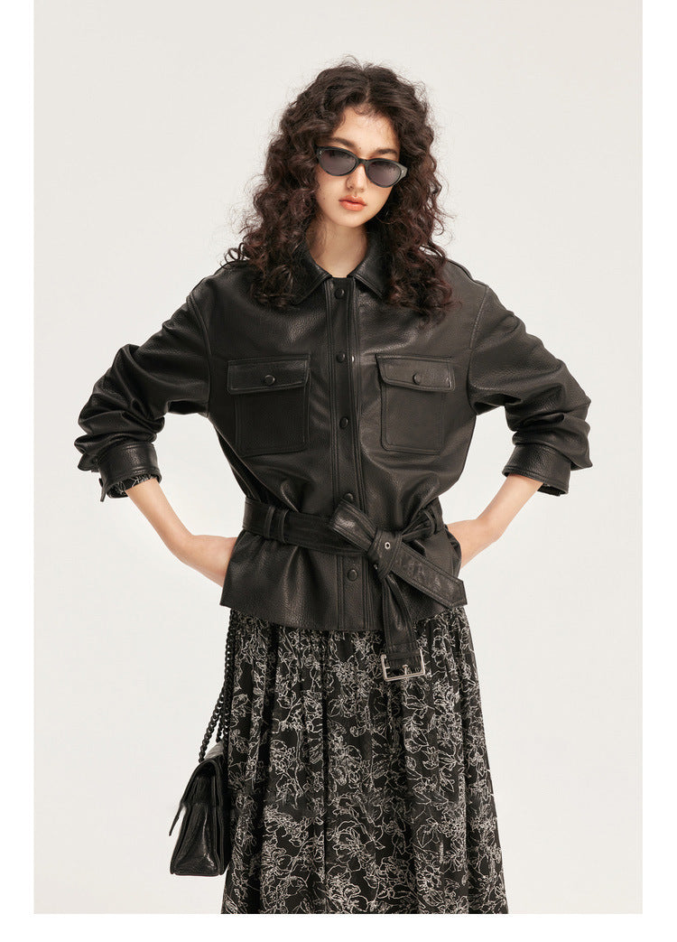 Kemer Kuşaklı Suni Deri Ceket