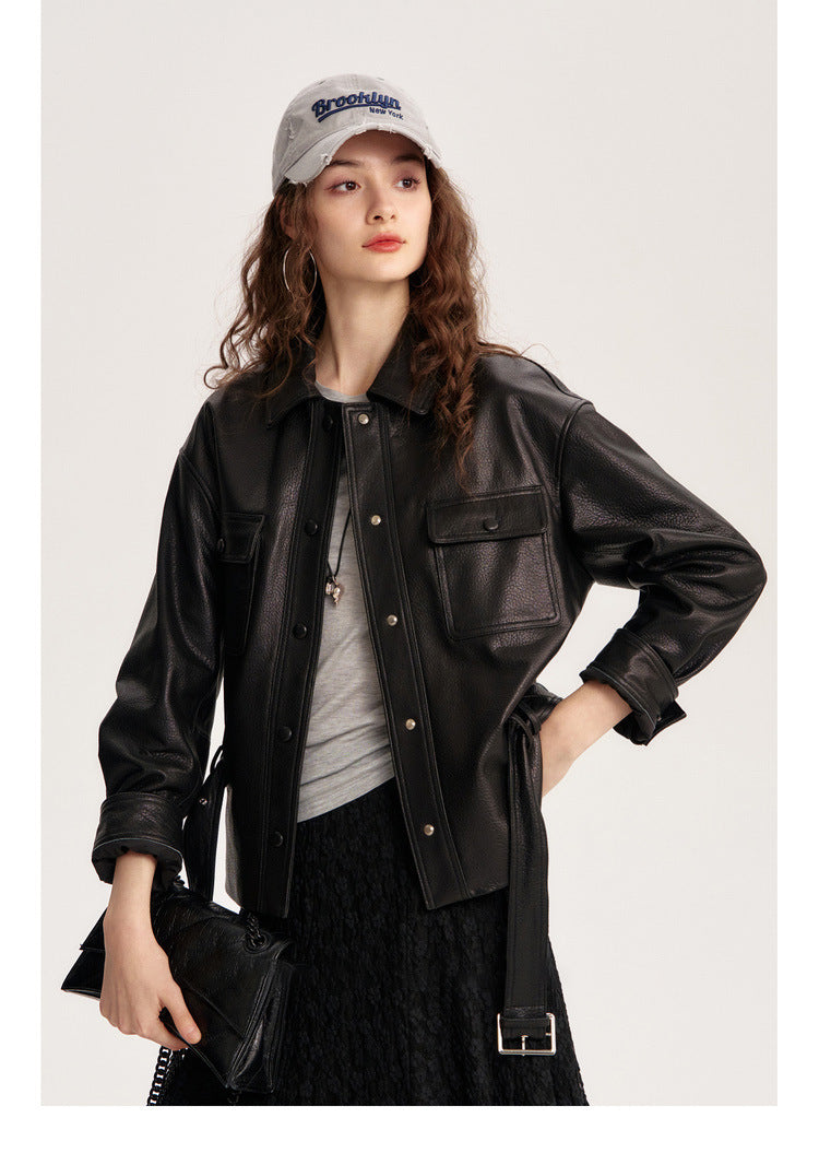 Kemer Kuşaklı Suni Deri Ceket